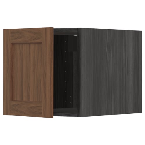 METOD kitchen cabinet in walnut, rectangular shape, open on one side, with wooden door.