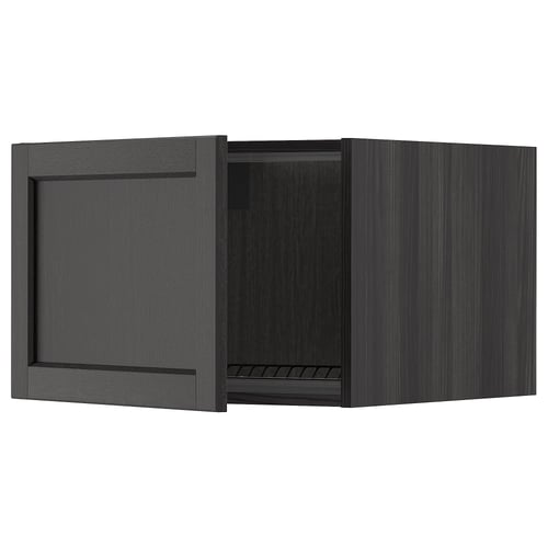Black wooden kitchen cabinet, dark stained ash with bevelled edges, single door open showcasing interior shelf.