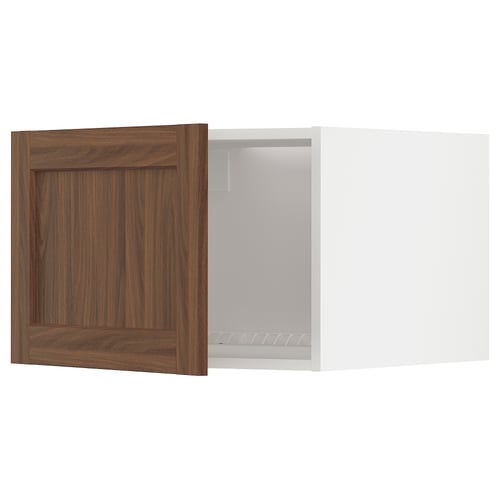 Walnut METOD kitchen cabinet, left-hinged with open door, showing shelves inside.
