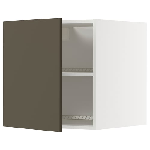 An open METOD wall cabinet with dark brown havstorp doors and two shelves inside.