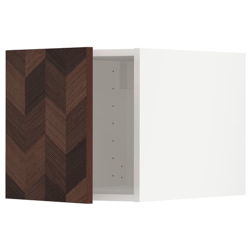 METOD kitchen cabinet in herringbone wood design, open showing interior with shelves.