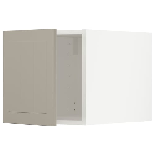 METOD kitchen cabinet in beige with minimalist design featuring vertical grooves and snap-on hinges.