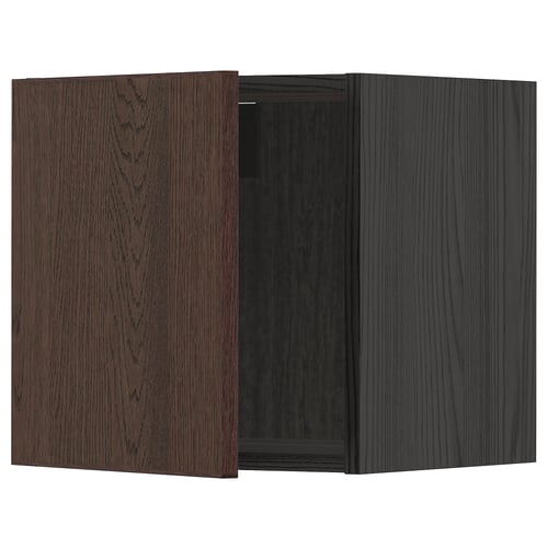 Open dark brown wooden cabinet with one door removed, showcasing inner shelving.