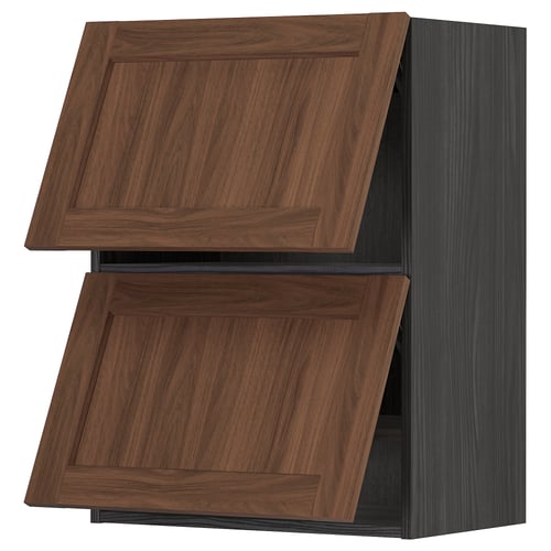 Walnut-colored kitchen cabinet with two wooden doors, part of IKEAs METOD system, offering a classic design.