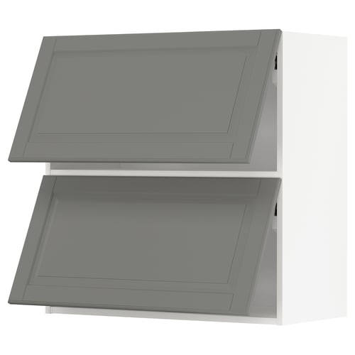 Image displays two grey METOD kitchen cabinets with bevelled edges in soft grey.