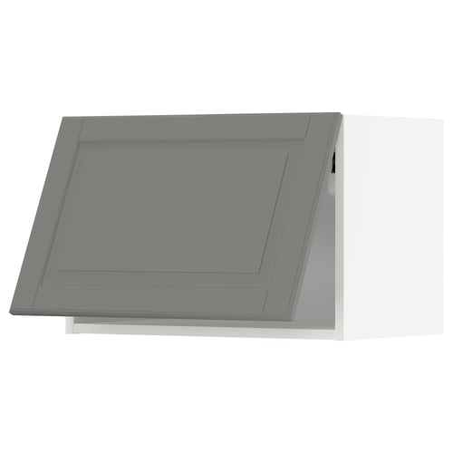 Grey kitchen cabinet door with bevelled edges.