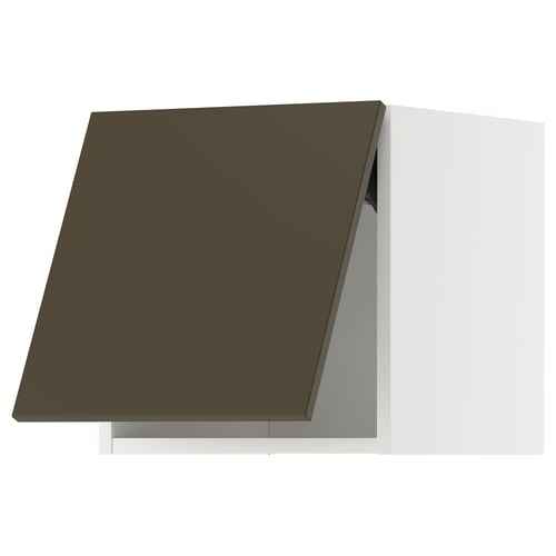 A dark brown kitchen cabinet with a slanted door from the METOD system.