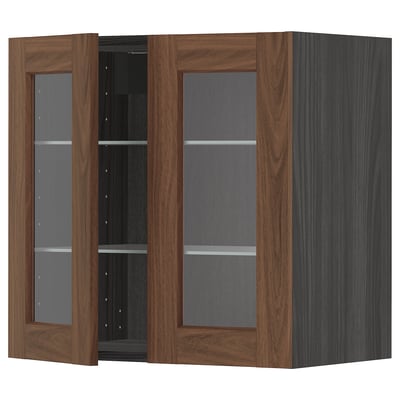 METOD Wall cabinet w shelves/2 glass drs, black Enköping/brown walnut effect, 60x60 cm