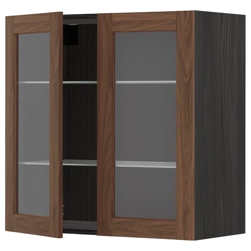 Modern kitchen cabinet, dark brown with glass doors.