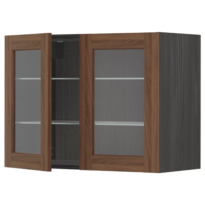 METOD Wall cabinet w shelves/2 glass drs, black Enköping/brown walnut effect, 80x60 cm