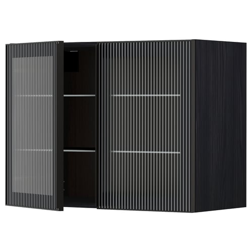 Modern black kitchen cabinet with textured glass doors and adjustable shelves.