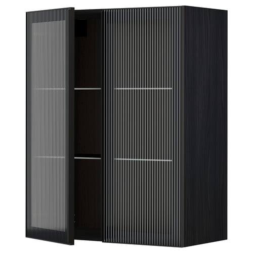 Modern black kitchen cabinet with reeded glass doors and metal frames.