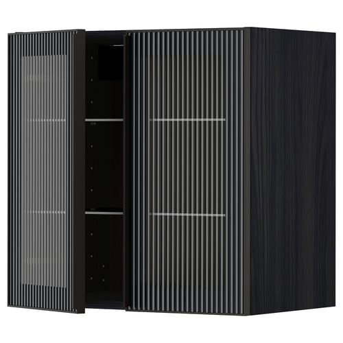 Modern black kitchen cabinet with vertical reeded glass doors. Square shape with adjustable shelf inside.