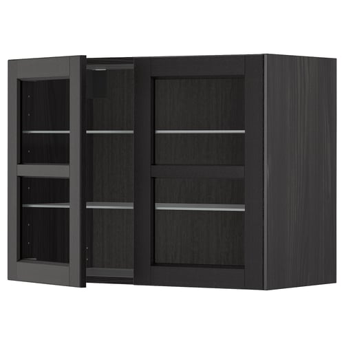 METOD black kitchen cabinet with glass doors, dark ash wood, rectangular, modern design, adjustable shelves.