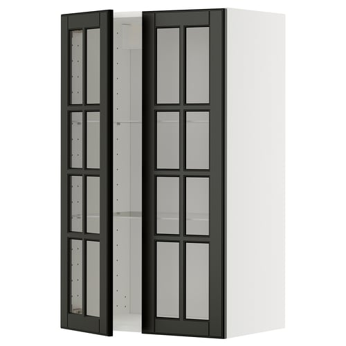 Modern black glass-door cabinet, part of the ikea METOD kitchen system, featuring tempered glass shelves and a sleek, minimalist design.