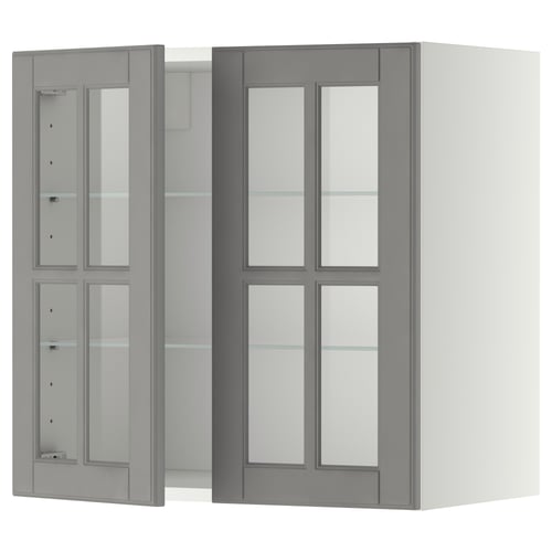 METOD kitchen wall unit with grey bodbyn glass doors, featuring a traditional style with a warm feel.