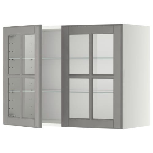 Modern grey glass-door wall cabinet, part of the METOD kitchen system. Bevelled edges and multiple shelves for storage.