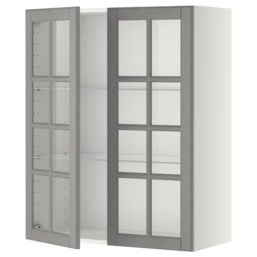 Modern grey glass door kitchen cabinet with adjustable shelves.