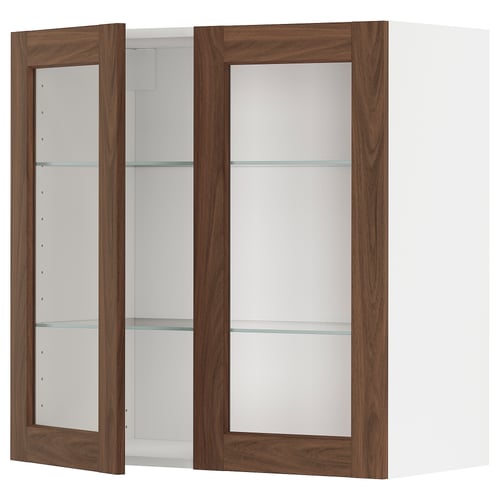 METOD kitchen unit with walnut foil doors and glass shelves.