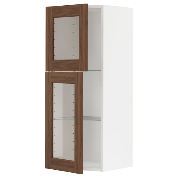 METOD Wall cabinet w shelves/2 glass drs, white Enköping/brown walnut effect, 40x100 cm