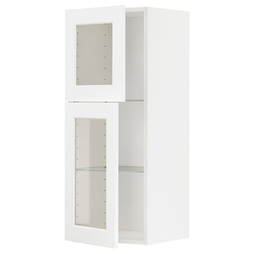 White METOD kitchen cabinet with glass doors, square shape, modern design.