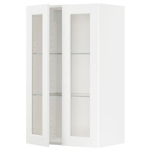 White METOD kitchen cabinet with glass doors, modern minimalist design.