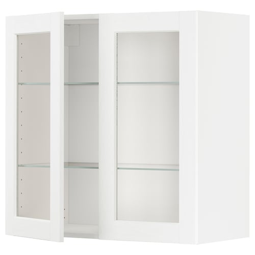 White METOD kitchen cabinet with glass doors, featuring a modern design and adjustable shelves.