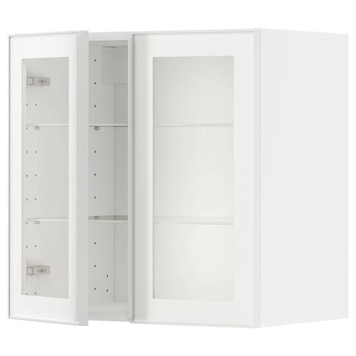 White METOD kitchen cabinet with glass door and metal frame, modern minimalist design.