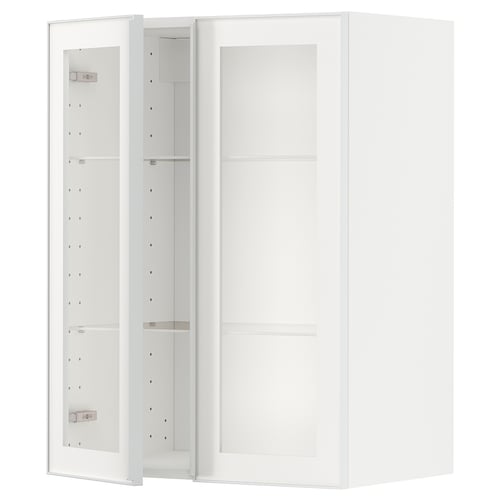 A white METOD kitchen cabinet with a glass door and metal frame, featuring adjustable shelves.