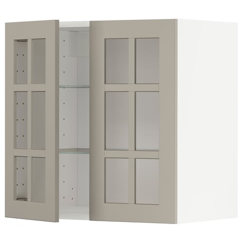 Beige METOD kitchen unit with glass doors and adjustable shelves.
