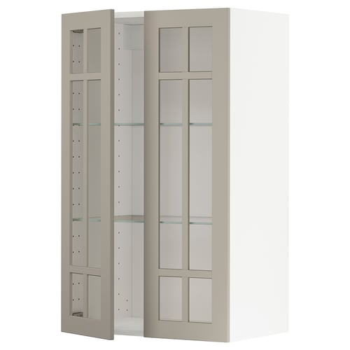 Open beige glass-door cabinet from ikea METOD series, featuring adjustable shelves and a modern, minimalist design.