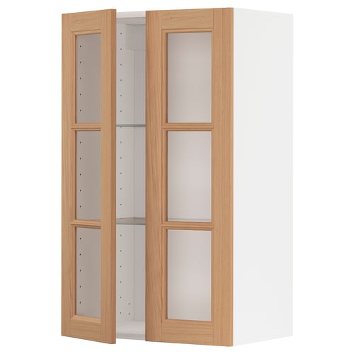Open light wood cabinet with glass doors. Adjustable shelves, light interior.
