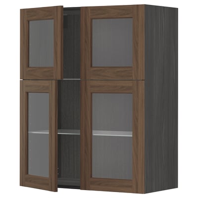 METOD Wall cabinet w shelves/4 glass drs, black Enköping/brown walnut effect, 80x100 cm