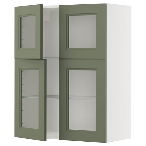 METOD wall-mounted kitchen cabinets in grey-green with glass doors, modern design.