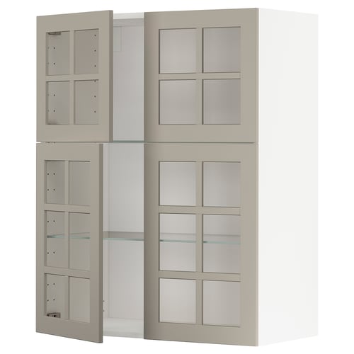METOD kitchen units, beige, glass doors & shelves.