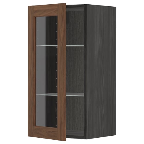 Cabinets: METOD kitchen storage. Dark wood finish, glass door, 3 shelves.