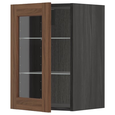 METOD Wall cabinet w shelves/glass door, black Enköping/brown walnut effect, 40x60 cm