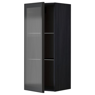 METOD Wall cabinet w shelves/glass door, black/Hejsta anthracite reeded glass, 40x100 cm