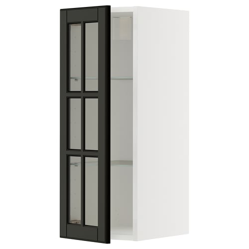 The METOD kitchen cabinet in white with black-tinted bodbyn glass doors featuring bevelled edges, mounted vertically.