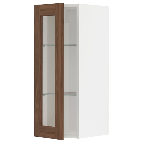METOD white cabinet with walnut glass door, frosted glass shelves.