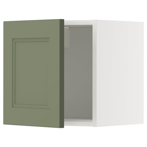 Modern kitchen cabinet with green door, white box, square shape, flat design.