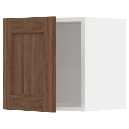 Dark wooden cabinet door open, revealing white inner cabinet. Rectangular shape, modern design.