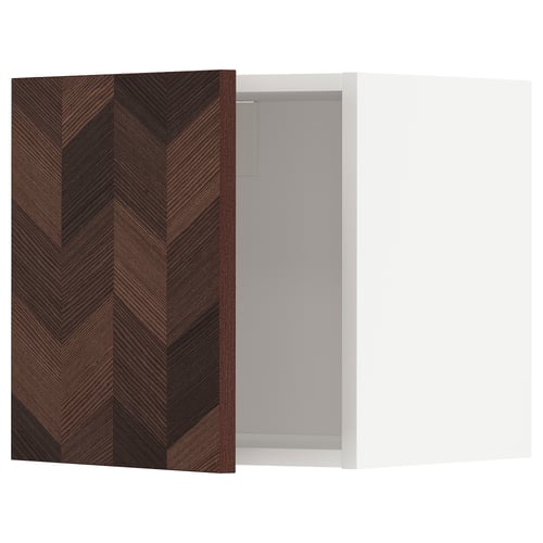 Dark wood-patterned METOD kitchen cabinet, partially open, nickel hinge.