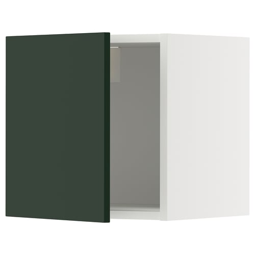 A dark green-silver METOD cabinet. Its rectangular, with a swing door and modern minimalist design.