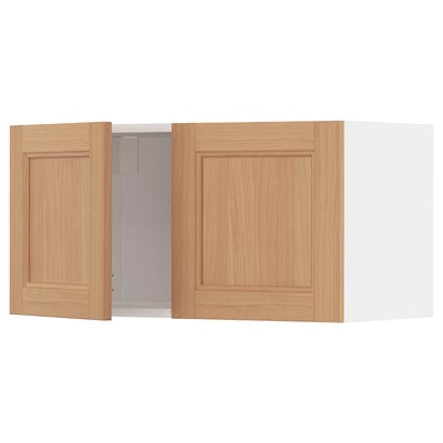 Wooden kitchen cabinet, natural oak, two doors, wall-mounted, flat panel design.