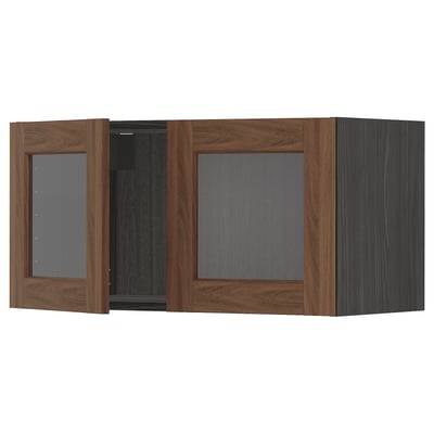 METOD Wall cabinet with 2 glass doors, black Enköping/brown walnut effect, 80x40 cm