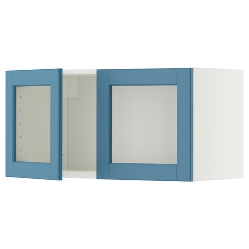 METOD Wall cabinet with 2 glass doors, white/Lerhyttan blue, 80x40 cm