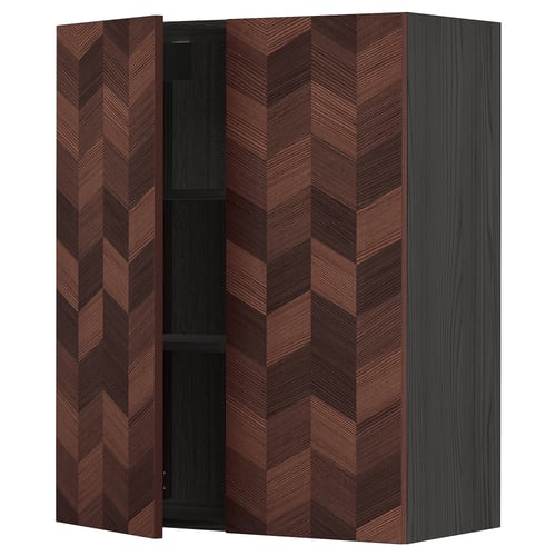 Dark brown herringbone wooden cabinet with two open shelves.