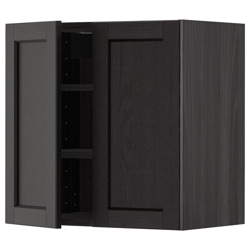 Black wooden kitchen cabinet with open door, dark interior, and adjustable shelves.