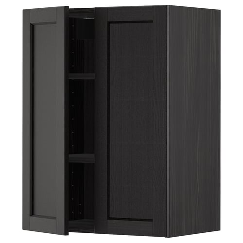 Black stained kitchen cabinet with bevelled edges and adjustable shelf.